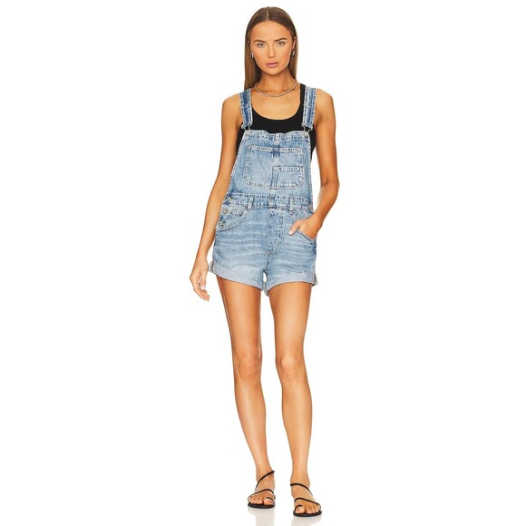 We The Free Ziggy Shortalls Size XL Denim Overalls Blue Free People Shorts - Picture 2 of 8
